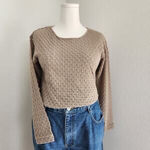 Vintage 90s Taupe Brown Open Knit Long Sleeve Pullover Sweater Top Neutral L